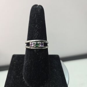 sterling silver pink topaz jade ring sz 7.75 marked double band ring prong set